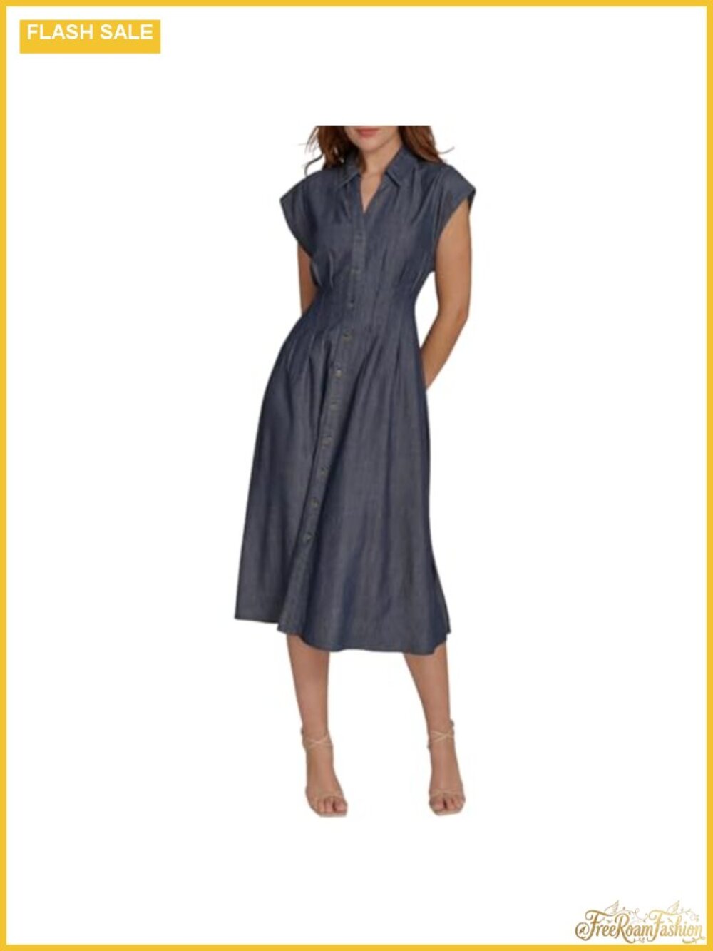 Cap Sleeve Collared A-Line Midi Shirt Dress Chambray Cotton Blend